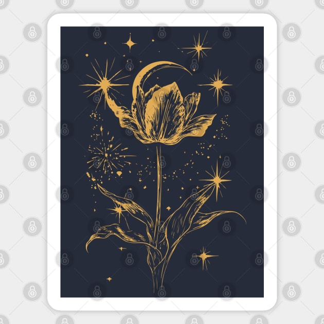 Golden Tulip Blooming Under the Moon – Ethereal Floral Art Magnet by TuncGK